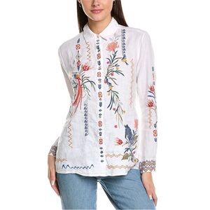 Johnny Was Watipaso Basic Linen Embroidered Button Up Shirt